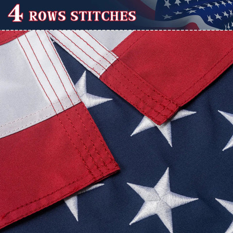Close-up of Tough As Nails 3x5 Ft Outdoor US Flag With Embroidered Stars, showing tearproof polyester and heavy-duty sewn stripes