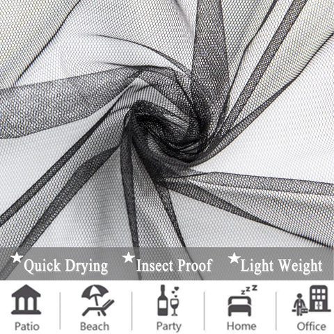 Close-up of black voile mesh screen material showcasing weave pattern for Extra Wide Outdoor Curtains Waterproof Black Voile Mesh Screen Bug Netting For Patio Porch Balcony Pergola Terrace 125Inch Width 98Inch Length Per Panel 2 Panels