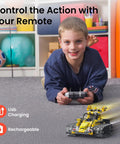STEM Robot Building Kit For Kids Aged 8 to 12 With Remote Control Cool Hands On Robotics Toy For Boys And Teens Learn Coding Engineering And Problem Solving The Ultimate Gift For Birthday Or Holidays, boy using remote with tracked robot