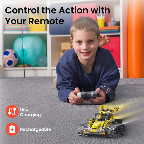 STEM Robot Building Kit For Kids Aged 8 to 12 With Remote Control Cool Hands On Robotics Toy For Boys And Teens Learn Coding Engineering And Problem Solving The Ultimate Gift For Birthday Or Holidays, boy using remote with tracked robot