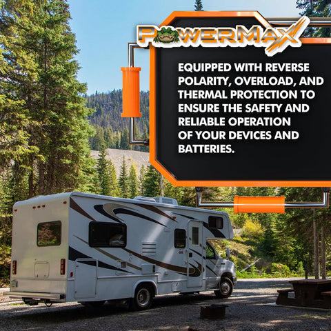 Rock Solid 55 Amp Deck Mount Rv Converter And Smart Battery Charger Optimized For Lead Acid And Lithium Batteries in a scenic campground setting.