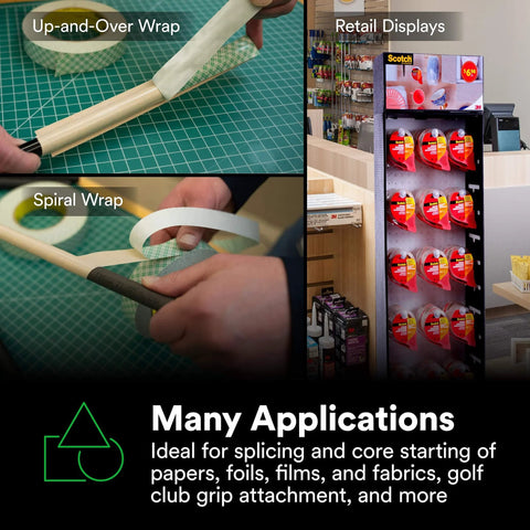 Double Coated Paper Adhesive Tape 410M Natural 1 in x 36 yd 5 mil uses in splicing, wrapping, and retail displays