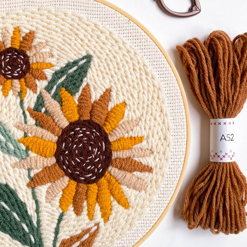 Sunflower Punch Needle Kit For Beginners - No-Fuss DIY Embroidery Starter Set with finished sunflower on cream fabric and thread