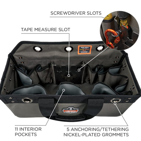 Bucket Truck Tool Bag With Tool Tethering Attachment Points Large For Aerial Work Platforms, interior pockets and slots details