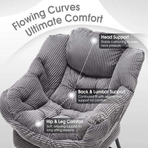 Cozy Lazy Chair With Ottoman For Chillin And Reading, Ultra Comfy Lounge Seat with gray corduroy cushions showing support features