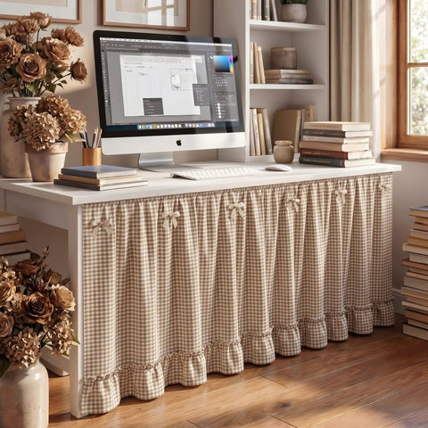 Brown And White Gingham Sink Skirt Featuring Darn Cute Ruffles To Hide Ugly Pipes And Clutter Behind Kitchen Cabinets Or Bathroom Vanity Soft Cotton Ruffled Cabinet Curtain Creates Sweet Country Vibes And Keeps Paws Off Messy Stuff 56 Inches Long