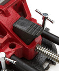 Close-up of an open steel jaw on a red Low Profile 6 Inch Bench Vise With Rapid Opening Rugged Steel Jaws Replaceable Serrated Jaws
