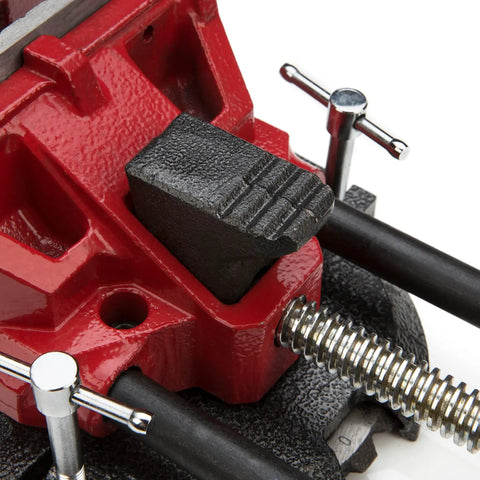 Close-up of an open steel jaw on a red Low Profile 6 Inch Bench Vise With Rapid Opening Rugged Steel Jaws Replaceable Serrated Jaws