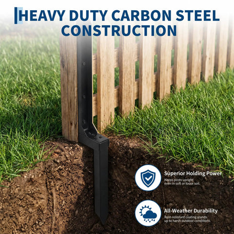 No Fuss Heavy Duty Fence Post Repair Kit With Ground Stakes showing heavy duty carbon steel anchor installed in soil.