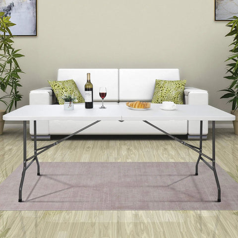 Six Foot Folding Table For Indoor And Outdoor Use, Portable Heavy Duty Fold In Half Plastic Dining Table with Carrying Handle