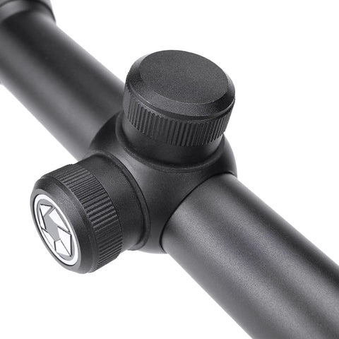 Close-up of turrets on 2-7x32mm AO Air Rifle Scope With Mil-Dot Reticle Adjustable Objective Reverse Recoil Resistant Waterproof 