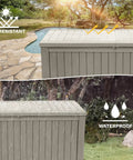 Beefy 220 Gallon Outdoor Deck Storage Box With Removable Divider, Waterproof Resin Chest beside a pool and under rain