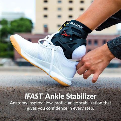 Ifast Ankle Brace Ankle Stabilizer For Men And Women With Left Or Right Foot Support, shown on left foot with white sneaker.