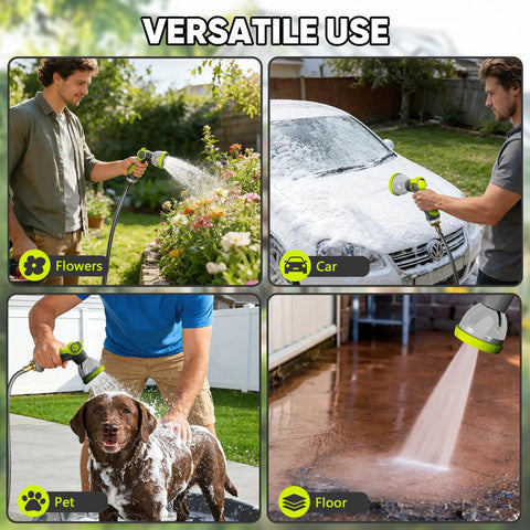 Versatile use of Heavy Duty Automatic Wall Mount Garden Hose Reel With 160 Feet Of Kink Free Auto Rewind Hose Three Quarter Inch Brass Fitting Ten Pattern Nozzle Any Length Lock Slow Retraction And 180 Degree Swivel For Effortless Yard Watering, showing gardening, car washing, pet bathing, and floor cleaning.