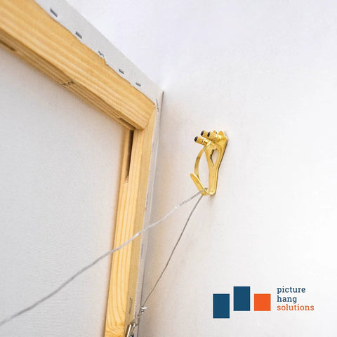 Heavy Duty Picture Hangers For Drywall And Plaster Walls, 75 Lb Earthquake Proof Hooks, close-up of gold hook on wall with frame