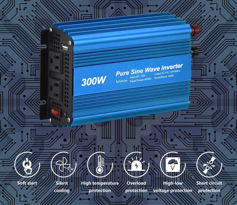Blue Pure Sine Wave Power Inverter 12V DC To 120V AC 300W With Dual 110V Outlets And USB 5V 2A Handy Car And RV Power Adapter