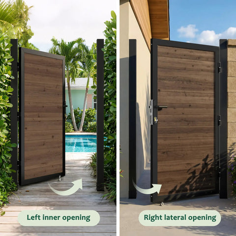 6 Ft By 3 Ft Cedar Wood Fence Gate Kit With Aluminum Frame Privacy Gate Board On Board installed near pool and garden
