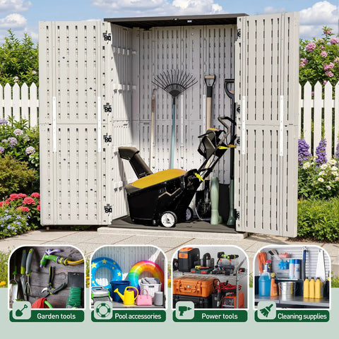65 Cu Ft Outdoor Storage Shed With Lockable Doors, open view showing garden tools, pool gear, and power tools inside resin cabinet