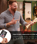 Man holding Wood Grill Scraper With QuickClean Tech Bristle Free BBQ Brush Alternative For Safe Grillin in a festive setting.