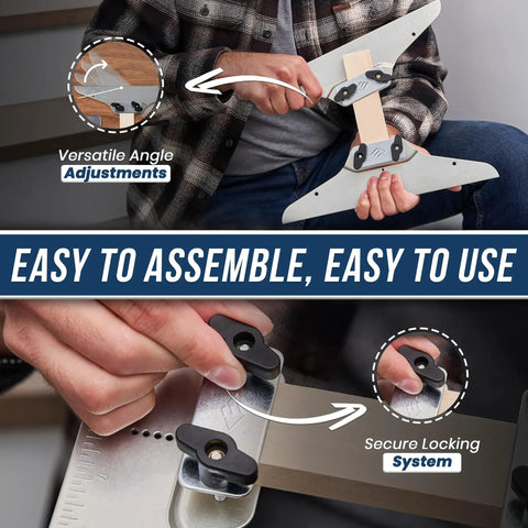 Person adjusting Stair Tread Template Tool For DIYers And Beginners, Stair Gauge Set With Carpenter Pencil and Level, showing secure locking system.