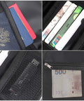 Interior of Small Fireproof Storage Organizer Case With Lock 9 By 5.3 By 3.7 Inch 3 Layer Money Safe Wallet Bag showing passport and cards