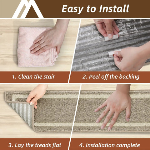 Soft Stair Treads 15 Pack Non Slip Carpet Mats 28x9 Inches For Indoor Wooden Stair Runners Kid And Pup Friendly Rugs 100 Percent Polyester With TPE Backing Beige installation guide