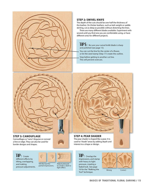 Leather Crafting Starter Guide With Step By Step Techniques For Beginners Includes Pattern Prep Tools Stamps Embossing Stitching Braiding Finishes And Project Ideas To Kickstart Your Handmade Leather Journey showing floral carving steps with tools.