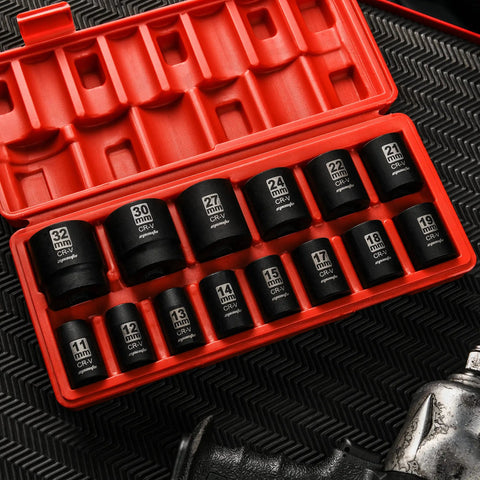 1/2 Inch Drive Metric Shallow Impact Socket Set With Cr-V Steel, 6 Point, 14 Piece, 11-32mm Sockets in red case