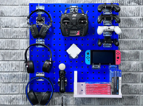 LocBoard Steel Pegboard Kit 24x24 Inch Square-Hole Wall Mount System In Blue 9-16 Inch Thick with gaming accessories storage