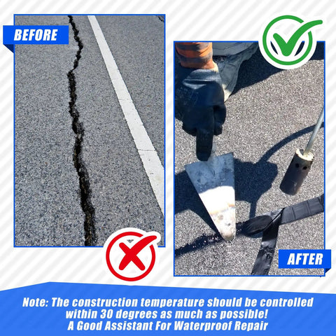 Before and after using 2 Rolls Asphalt Crack Filler Tape Peel And Stick Self Adhesive Driveway Repair Strip Waterproof.