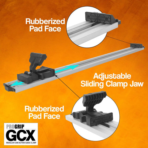 Heavy Duty 50 Inch Clamp Guide Track For Circular Saws With Quick One Sided Adjustment And Snap Tight Locking Handle with rubberized pad face and adjustable clamp jaw.