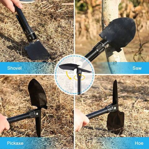 Car Roadside Emergency Kit With Jumper Cables, Must Have Safety Roadside Assistance Gear, Folding Survival Shovel showing 4 tool modes