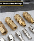 Front view of JACO Hi-Flo 1/4-in NPT quick-connect air fittings set (12), brass and steel plug/coupler kit