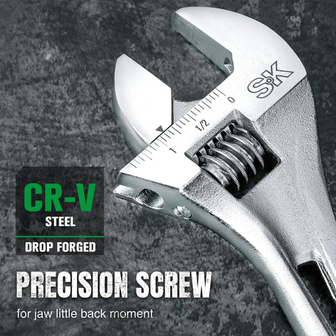 Close-up of 10 Inch Adjustable Wrench With 1-7/16 Inch Jaw Opening Chrome Vanadium Steel Rust Resistant Heat Treated Finish SAE And Metric Scales Durable Cr-V Construction Ideal For Mechanics And DIYers