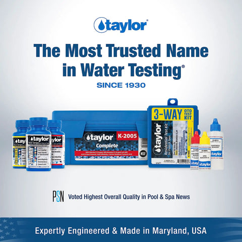 Heavy Duty Six In One Pool Test Kit For Total Chlorine And Bromine Plus Ph Acid And Base Demand Alkalinity With Over 100 Tests No Fuss Quick Readings So You Can Dive Right In in a blue case with test bottles.