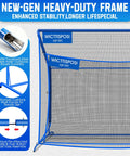 Close-up of Heavy Duty Golf Hitting Net 10x7ft with steel frame and protective netting, blue in color, for outdoor practice.