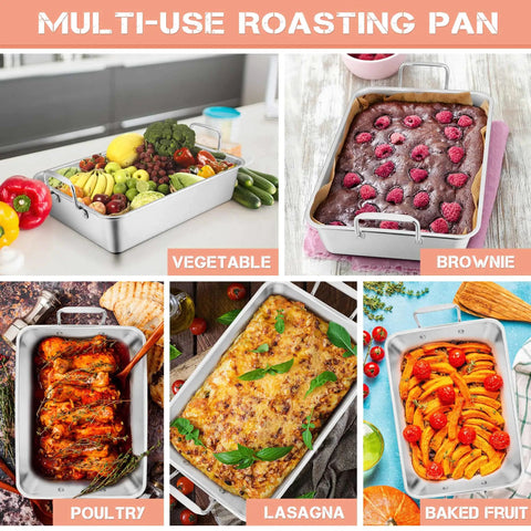 Big Turkey Roasting Pan With V Shaped Rack Stainless Steel Roaster Pan 16x11.5Inch Heavy Duty for Vegetables Lasagna Brownies