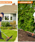 Heavy Duty Metal Thatch Rake For Lawn Care 15 Inch Wide Dethatcher With Sturdy Handle used for removing thatch and loosening soil