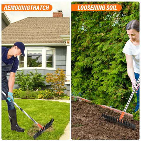 Heavy Duty Metal Thatch Rake For Lawn Care 15 Inch Wide Dethatcher With Sturdy Handle used for removing thatch and loosening soil