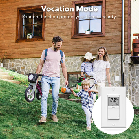 Family outdoors with 7 Day Programmable In Wall Timer Switch For Lights And Fans Digital Light Timer visible in foreground.