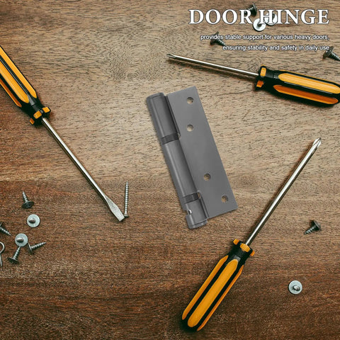 Self Closing Door Hinge Stainless Steel Hidden Design With Strong Spring For Wooden Doors Smooth Quiet Opening And 90 Degree Hold In High Traffic Kitchens Noise Reduction lying on wooden surface with tools and screws