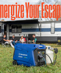 Dual Fuel 5000 Watt Portable Inverter Generator with Remote Start gas or propane powered in front of RV, outdoor camping setup