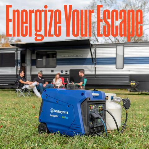 Dual Fuel 5000 Watt Portable Inverter Generator with Remote Start gas or propane powered in front of RV, outdoor camping setup