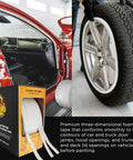 Dura-Gold Soft Edge Foam Masking Tape Is Total Pro Gear For Fast Car Jamb Sealing And Paint Overspray Protection, Stretching 55 Yards To Fit Any Door Jam Hood Or Trunk With Easy Conforming Precision, shown in packaging and applied near car door.