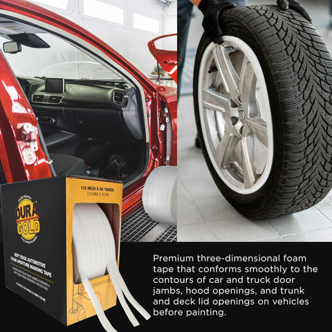 Dura-Gold Soft Edge Foam Masking Tape Is Total Pro Gear For Fast Car Jamb Sealing And Paint Overspray Protection, Stretching 55 Yards To Fit Any Door Jam Hood Or Trunk With Easy Conforming Precision, shown in packaging and applied near car door.