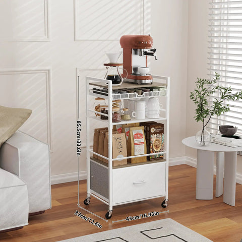 Modern White Coffee Bar Cabinet On Wheels With Ample Storage And Drawer 5 Tier Coffee Station Cart 33.6 Inch High Mobile Liquor Buffet Sideboard For Home Kitchen in a living room setting.