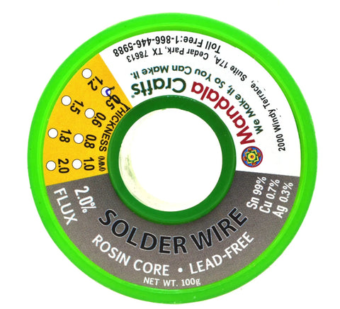 Lead Free Solder Wire With Rosin Core Flux 100g 0.5mm spool for electronics and PCB projects, green label with specifications