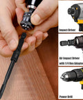 Hands inserting bit into impact driver from 8 Piece M4 To M16 Screw Tap Socket Set With One Quarter Inch Hex Shank Quick Change Machine Tap Holder For Impact Driver Includes Thread Taps Adapters Pro Grade Built For Heavy Duty Projects