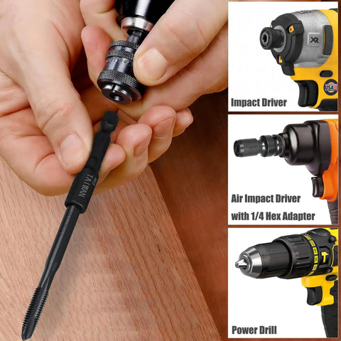 Hands inserting bit into impact driver from 8 Piece M4 To M16 Screw Tap Socket Set With One Quarter Inch Hex Shank Quick Change Machine Tap Holder For Impact Driver Includes Thread Taps Adapters Pro Grade Built For Heavy Duty Projects