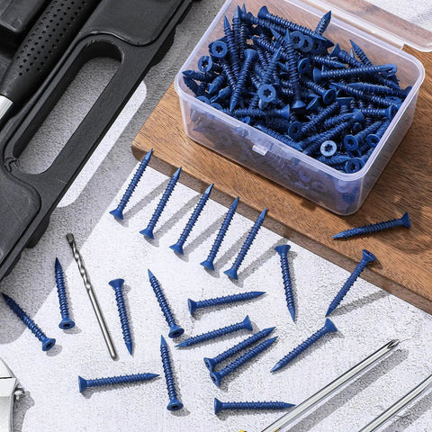 Built Tough 200 Piece Concrete Screws 3/16 X 1-3/4 Inch in blue, displayed with drill bits and a toolbox.